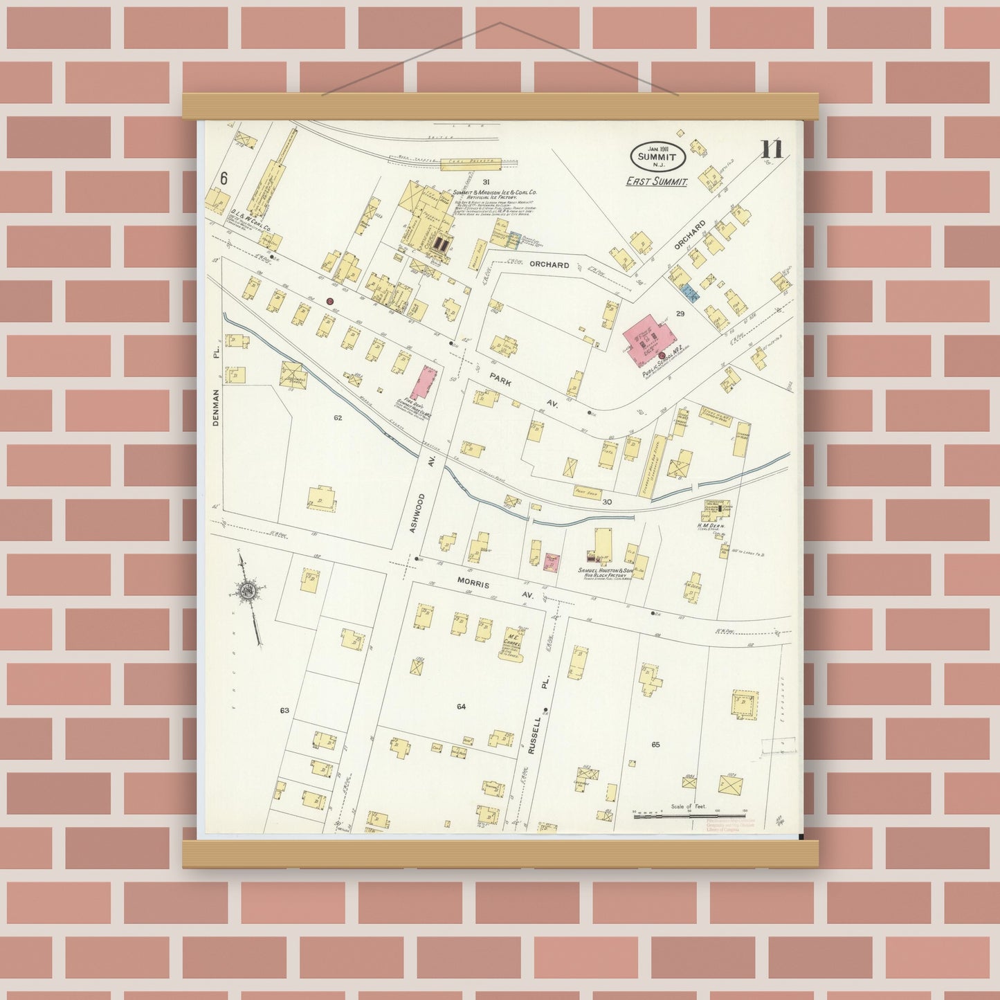 Old map wall art mockup — magnetic wood frame on brick wall — Sanborn Fire Insurance Map from Summit, Union County, New Jersey (1911), Sheet #0011