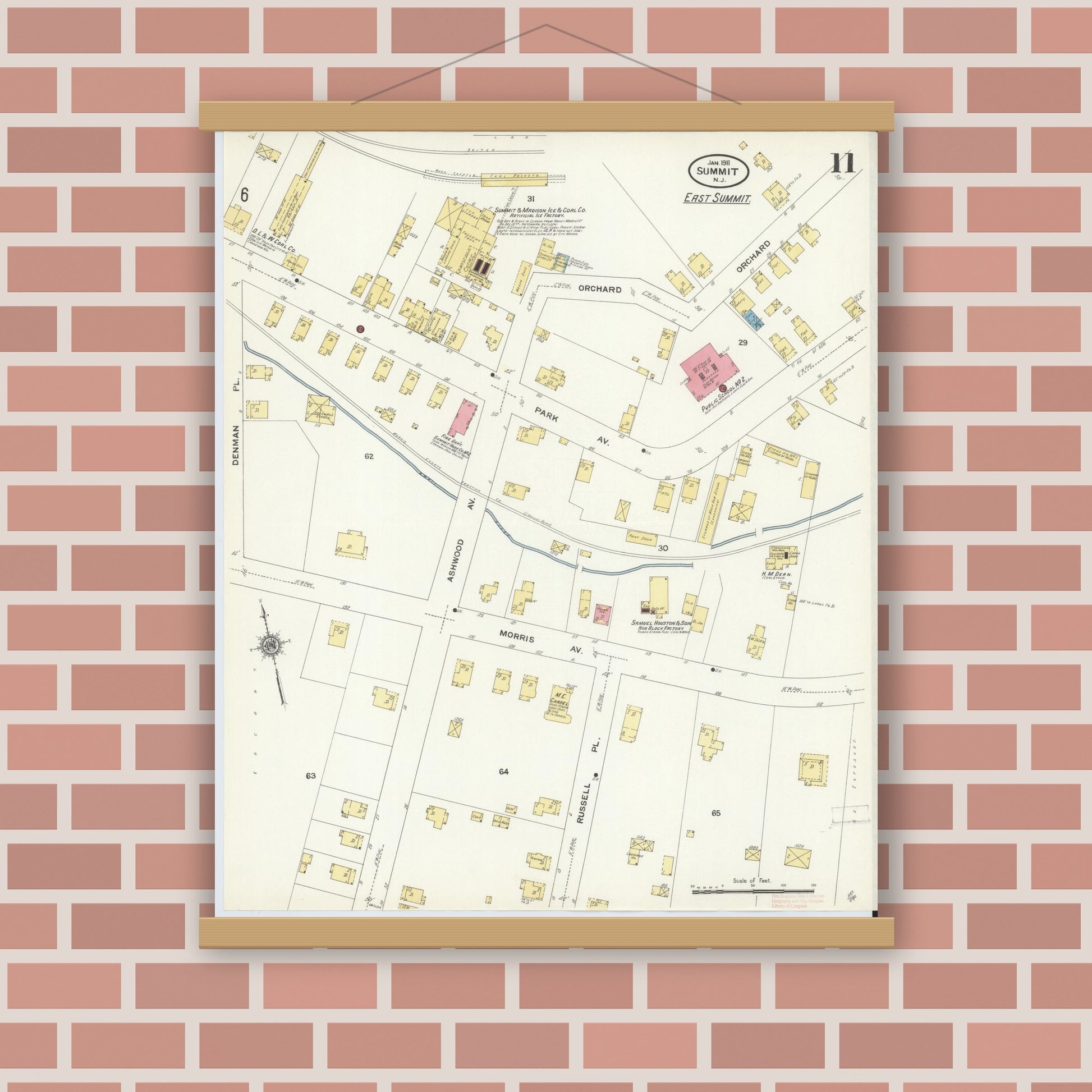 Old map wall art mockup — magnetic wood frame on brick wall — Sanborn Fire Insurance Map from Summit, Union County, New Jersey (1911), Sheet #0011