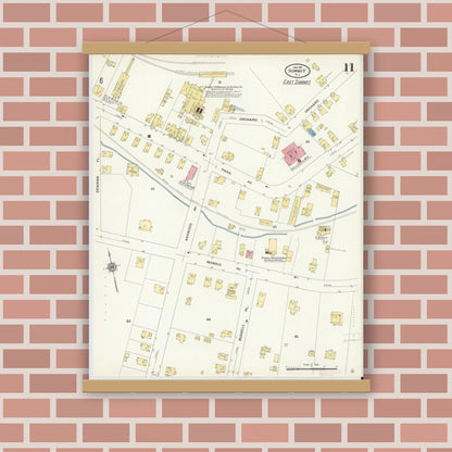 Old map wall art mockup — magnetic wood frame on brick wall — Sanborn Fire Insurance Map from Summit, Union County, New Jersey (1911), Sheet #0011