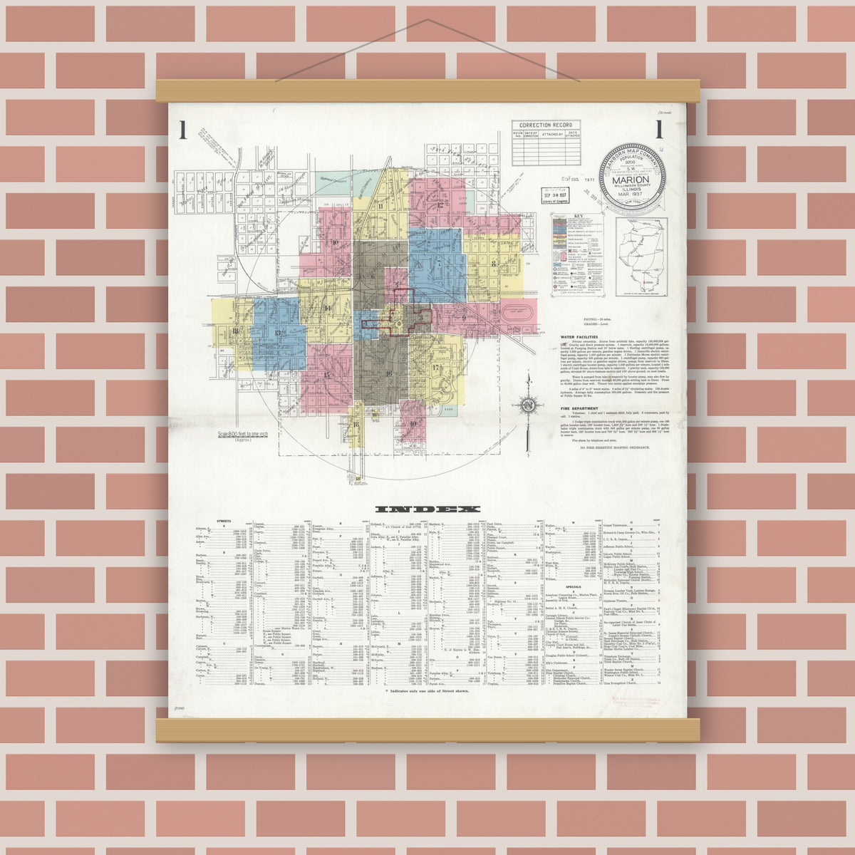 Old map wall art mockup — magnetic wood frame on brick wall — Sanborn Fire Insurance Map from Marion, Williamson County, Illinois (1937), Sheet #0001