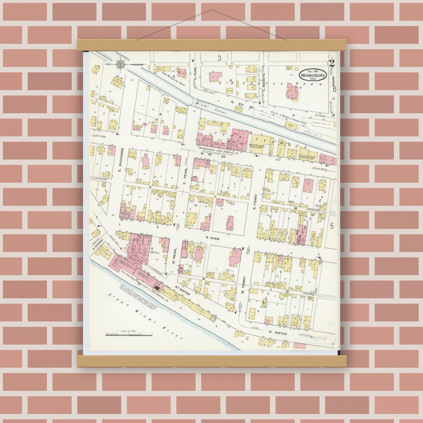 Old map wall art mockup — magnetic wood frame on brick wall — Sanborn Fire Insurance Map from Miamisburg, Montgomery County, Ohio (1911), Sheet #0002