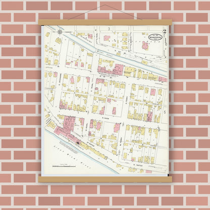 Old map wall art mockup — magnetic wood frame on brick wall — Sanborn Fire Insurance Map from Miamisburg, Montgomery County, Ohio (1911), Sheet #0002