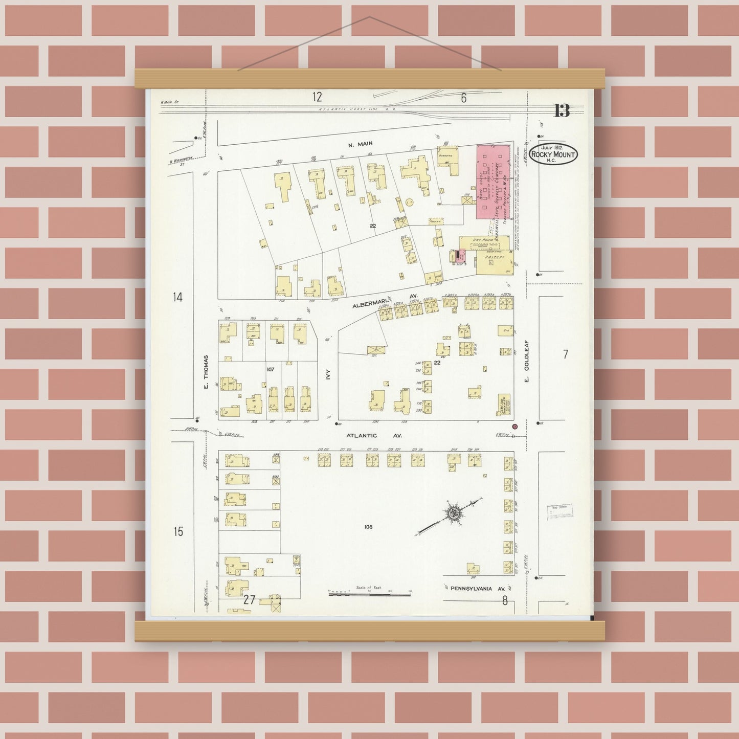 Old map wall art mockup — magnetic wood frame on brick wall — Sanborn Fire Insurance Map from Rocky Mount, Edgecombe And Nash Counties, North Carolina (1912), Sheet #0013