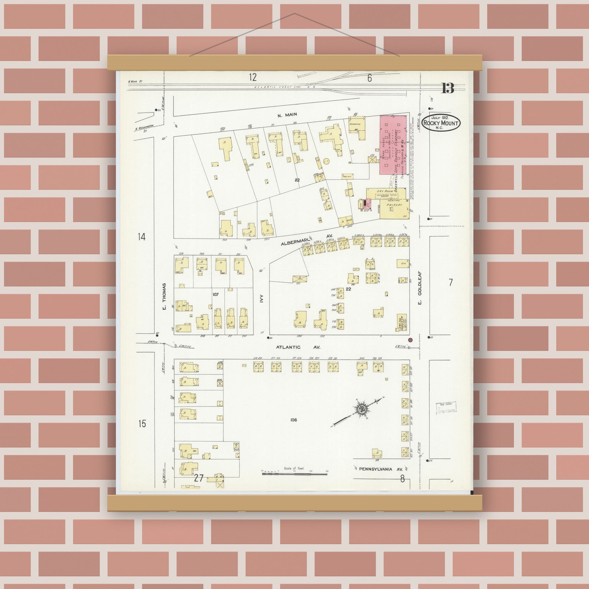 Old map wall art mockup — magnetic wood frame on brick wall — Sanborn Fire Insurance Map from Rocky Mount, Edgecombe And Nash Counties, North Carolina (1912), Sheet #0013