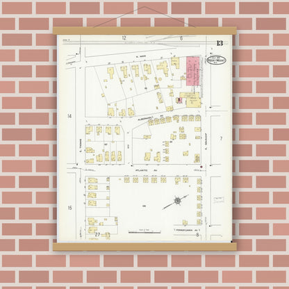 Old map wall art mockup — magnetic wood frame on brick wall — Sanborn Fire Insurance Map from Rocky Mount, Edgecombe And Nash Counties, North Carolina (1912), Sheet #0013