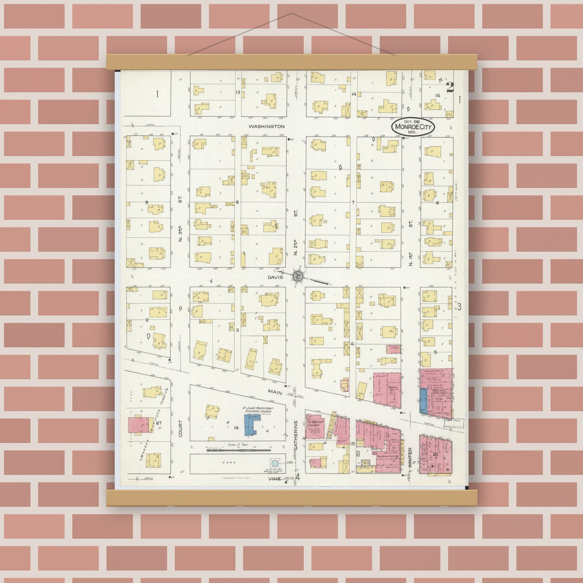 Old map wall art mockup — magnetic wood frame on brick wall — Sanborn Fire Insurance Map from Monroe City, Monroe County, Missouri (1916), Sheet #0002