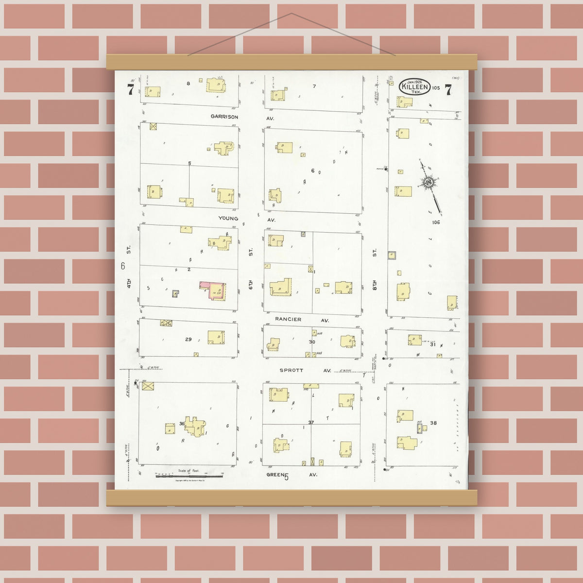 Old map wall art mockup — magnetic wood frame on brick wall — Sanborn Fire Insurance Map from Killeen, Bell County, Texas (1926), Sheet #0007