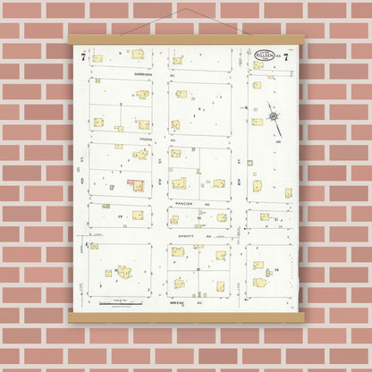 Old map wall art mockup — magnetic wood frame on brick wall — Sanborn Fire Insurance Map from Killeen, Bell County, Texas (1926), Sheet #0007