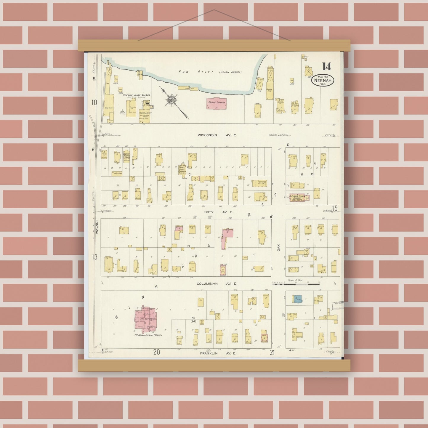 Old map wall art mockup — magnetic wood frame on brick wall — Sanborn Fire Insurance Map from Neenah, Winnebago County, Wisconsin (1913), Sheet #0014