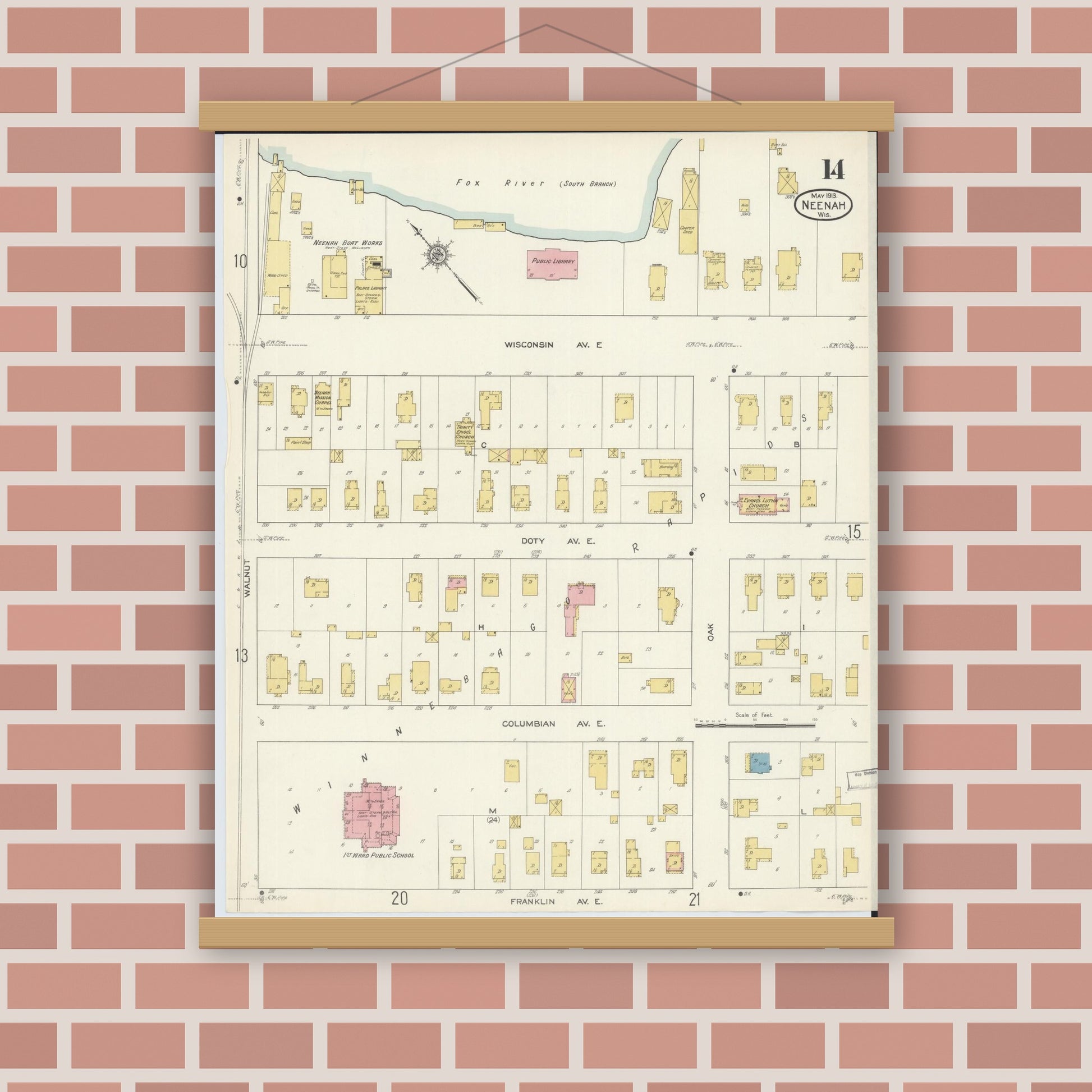Old map wall art mockup — magnetic wood frame on brick wall — Sanborn Fire Insurance Map from Neenah, Winnebago County, Wisconsin (1913), Sheet #0014