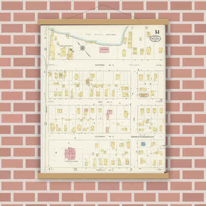 Old map wall art mockup — magnetic wood frame on brick wall — Sanborn Fire Insurance Map from Neenah, Winnebago County, Wisconsin (1913), Sheet #0014