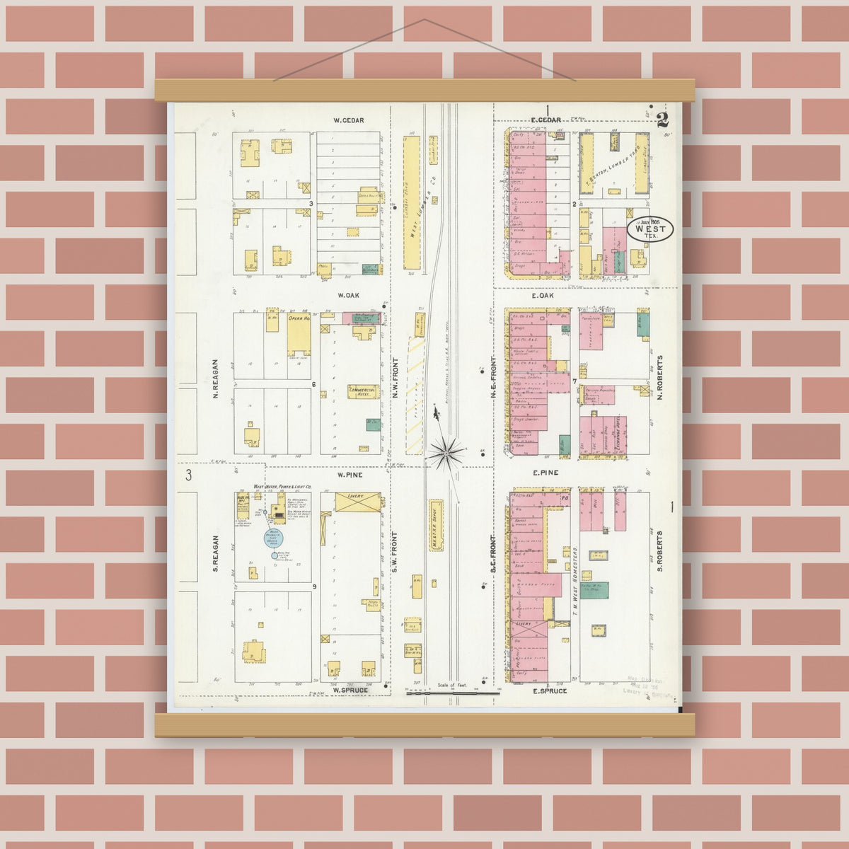 Old map wall art mockup — magnetic wood frame on brick wall — Sanborn Fire Insurance Map from West, McLennan County, Texas (1905), Sheet #0002
