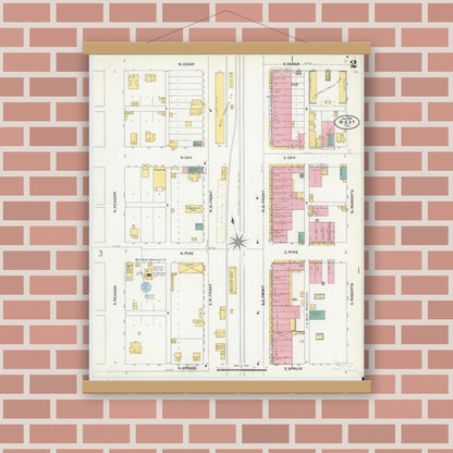 Old map wall art mockup — magnetic wood frame on brick wall — Sanborn Fire Insurance Map from West, McLennan County, Texas (1905), Sheet #0002