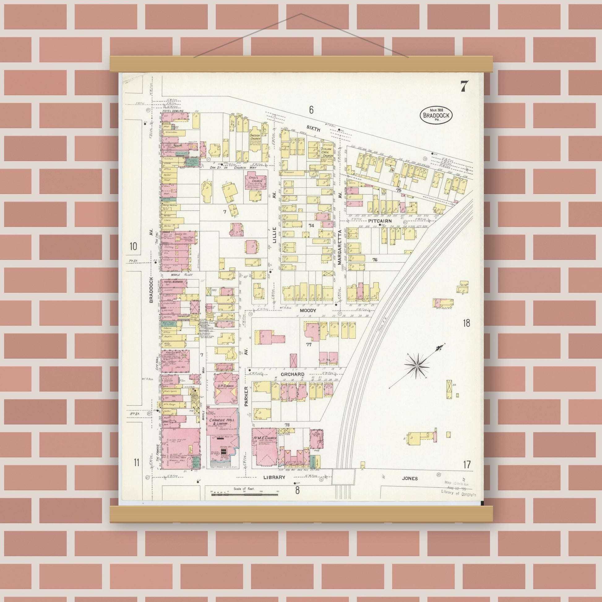 Old map wall art mockup — magnetic wood frame on brick wall — Sanborn Fire Insurance Map from Braddock, Allegheny County, Pennsylvania (1908), Sheet #0007