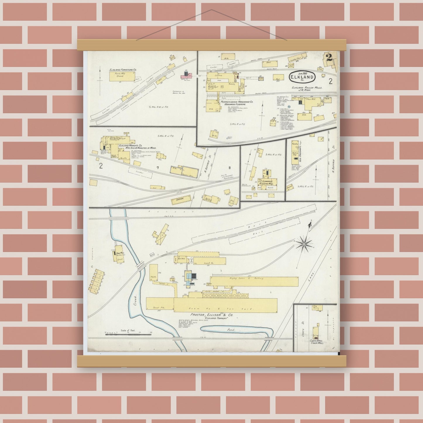 Old map wall art mockup — magnetic wood frame on brick wall — Sanborn Fire Insurance Map from Elkland, Tioga County, Pennsylvania (1897), Sheet #0002