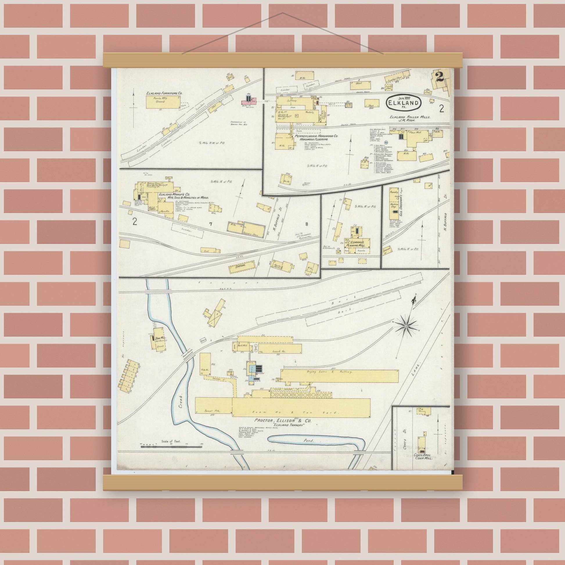 Old map wall art mockup — magnetic wood frame on brick wall — Sanborn Fire Insurance Map from Elkland, Tioga County, Pennsylvania (1897), Sheet #0002
