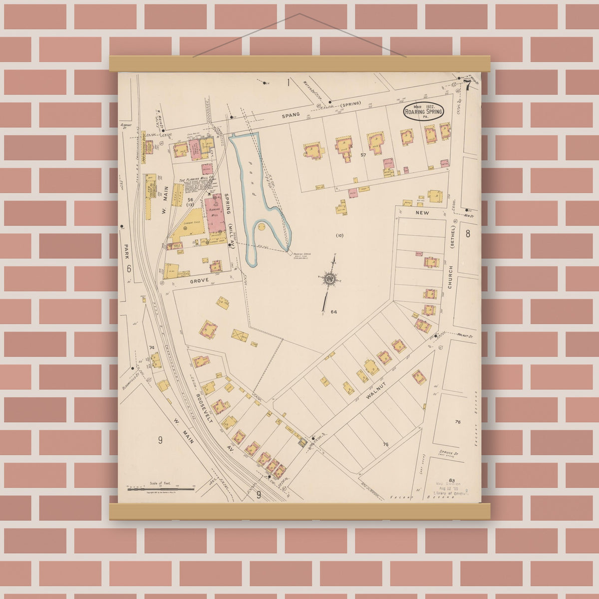 Old map wall art mockup — magnetic wood frame on brick wall — Sanborn Fire Insurance Map from Roaring Spring, Blair County, Pennsylvania (1922), Sheet #0007