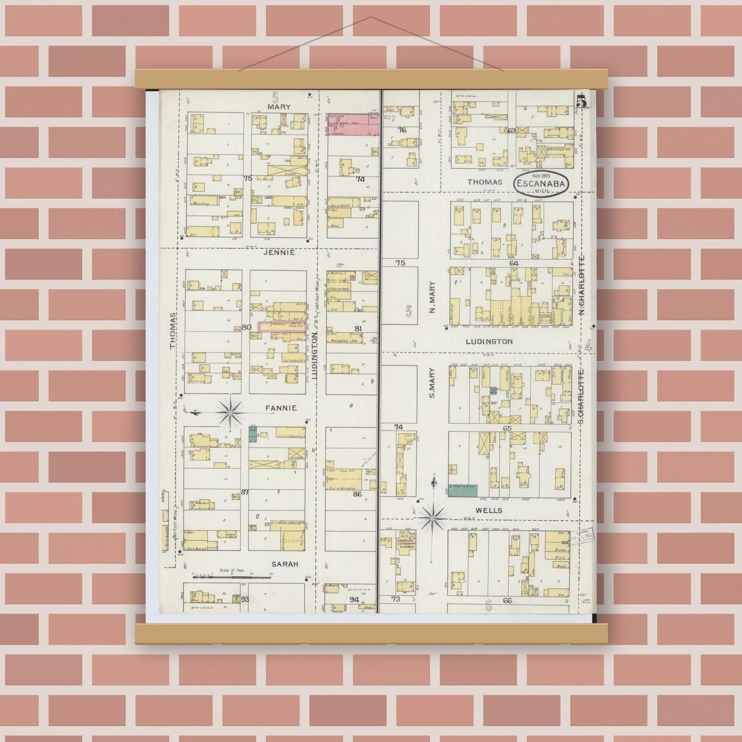 Old map wall art mockup — magnetic wood frame on brick wall — Sanborn Fire Insurance Map from Escanaba, Delta County, Michigan (1893), Sheet #0005
