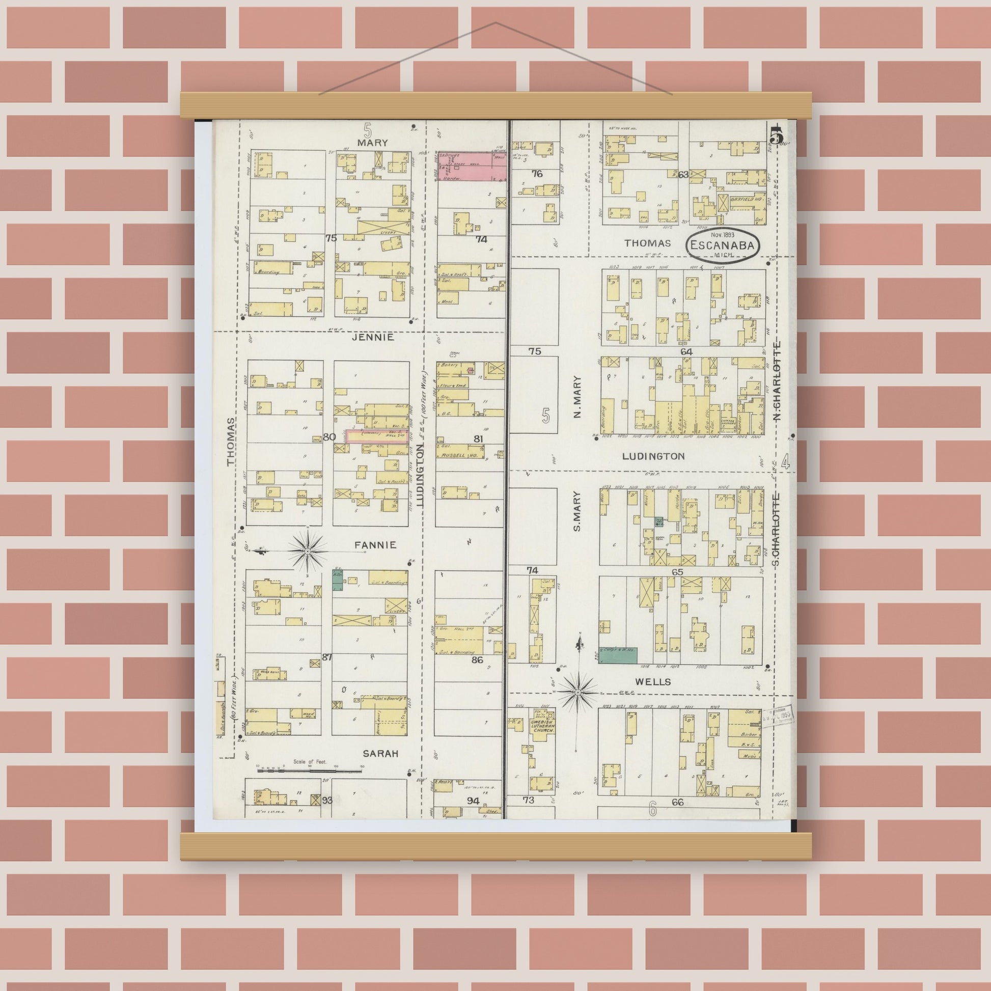Old map wall art mockup — magnetic wood frame on brick wall — Sanborn Fire Insurance Map from Escanaba, Delta County, Michigan (1893), Sheet #0005