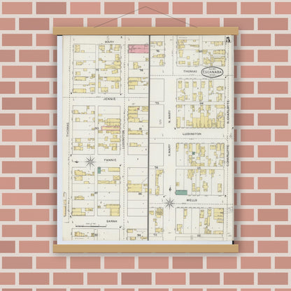 Old map wall art mockup — magnetic wood frame on brick wall — Sanborn Fire Insurance Map from Escanaba, Delta County, Michigan (1893), Sheet #0005