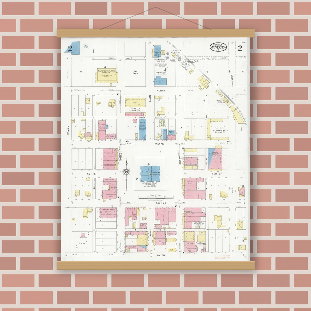 Old map wall art mockup — magnetic wood frame on brick wall — Sanborn Fire Insurance Map from Mount Vernon, Lawrence County, Missouri (1928), Sheet #0002