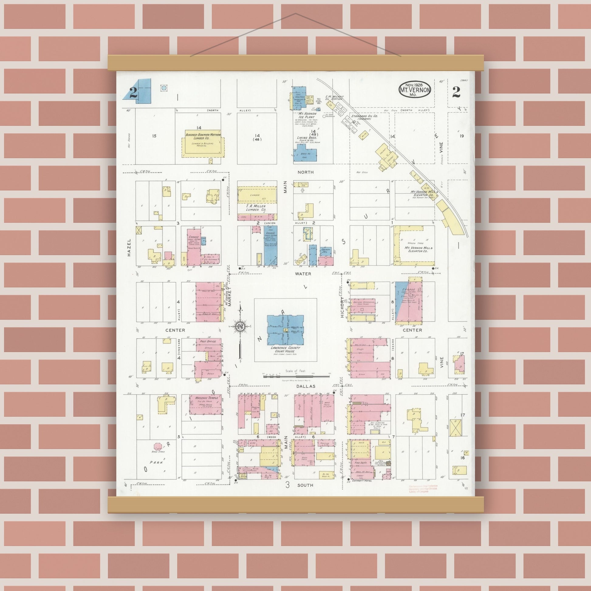 Old map wall art mockup — magnetic wood frame on brick wall — Sanborn Fire Insurance Map from Mount Vernon, Lawrence County, Missouri (1928), Sheet #0002