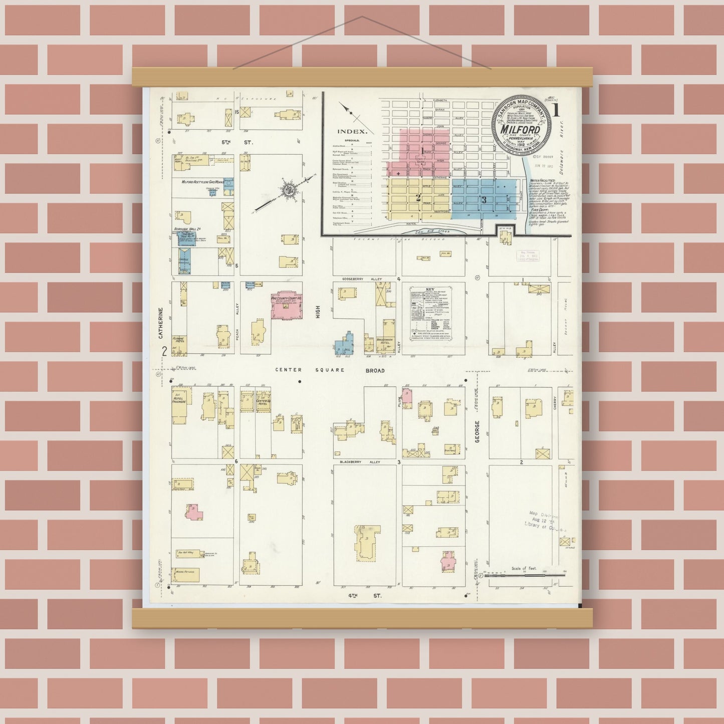 Old map wall art mockup — magnetic wood frame on brick wall — Sanborn Fire Insurance Map from Milford, Pike County, Pennsylvania (1912), Sheet #0001