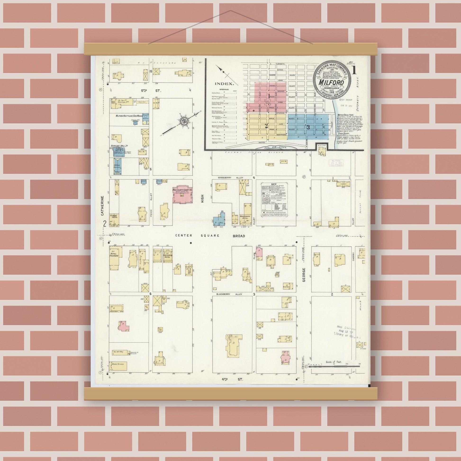 Old map wall art mockup — magnetic wood frame on brick wall — Sanborn Fire Insurance Map from Milford, Pike County, Pennsylvania (1912), Sheet #0001