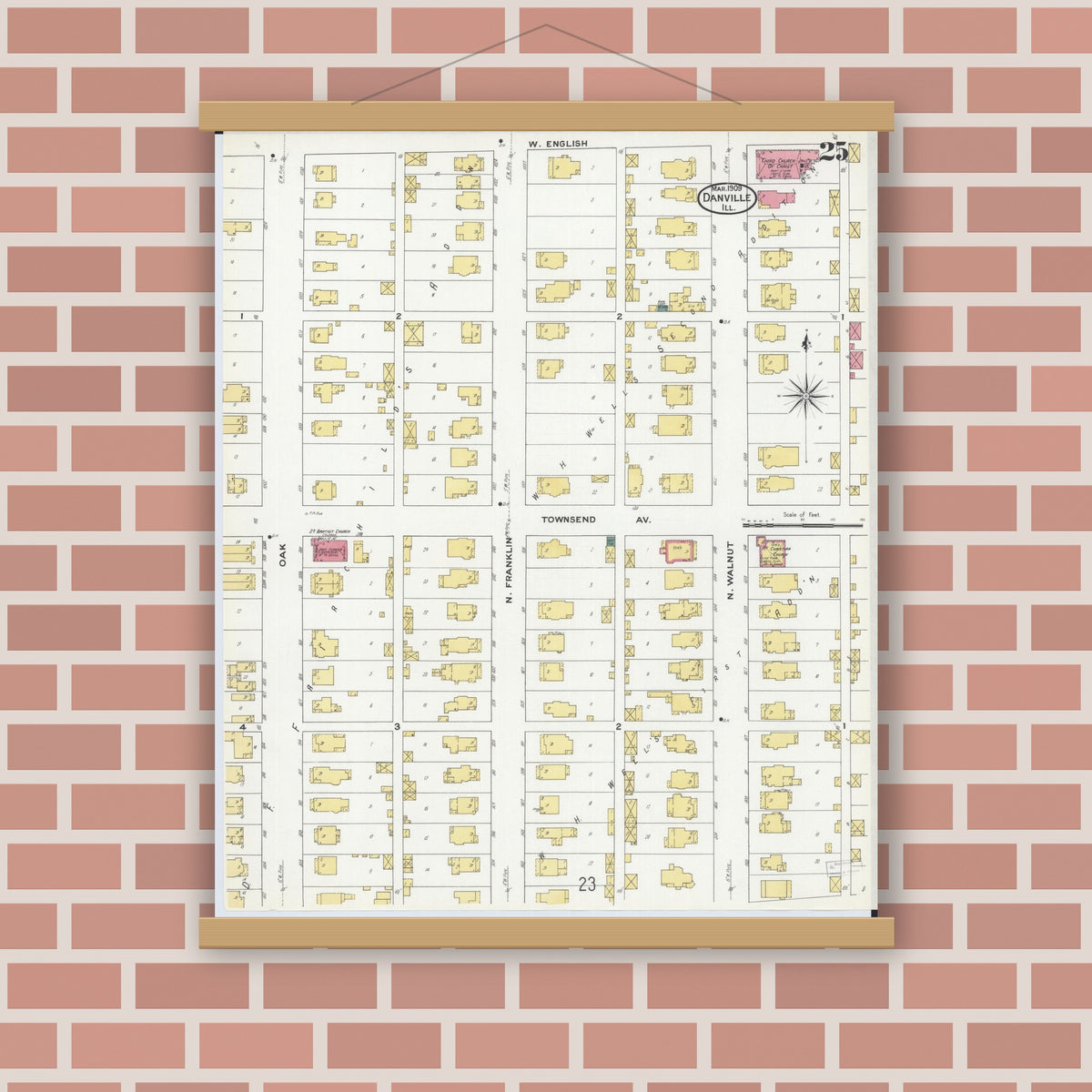 Old map wall art mockup — magnetic wood frame on brick wall — Sanborn Fire Insurance Map from Danville, Vermilion County, Illinois (1909), Sheet #0025