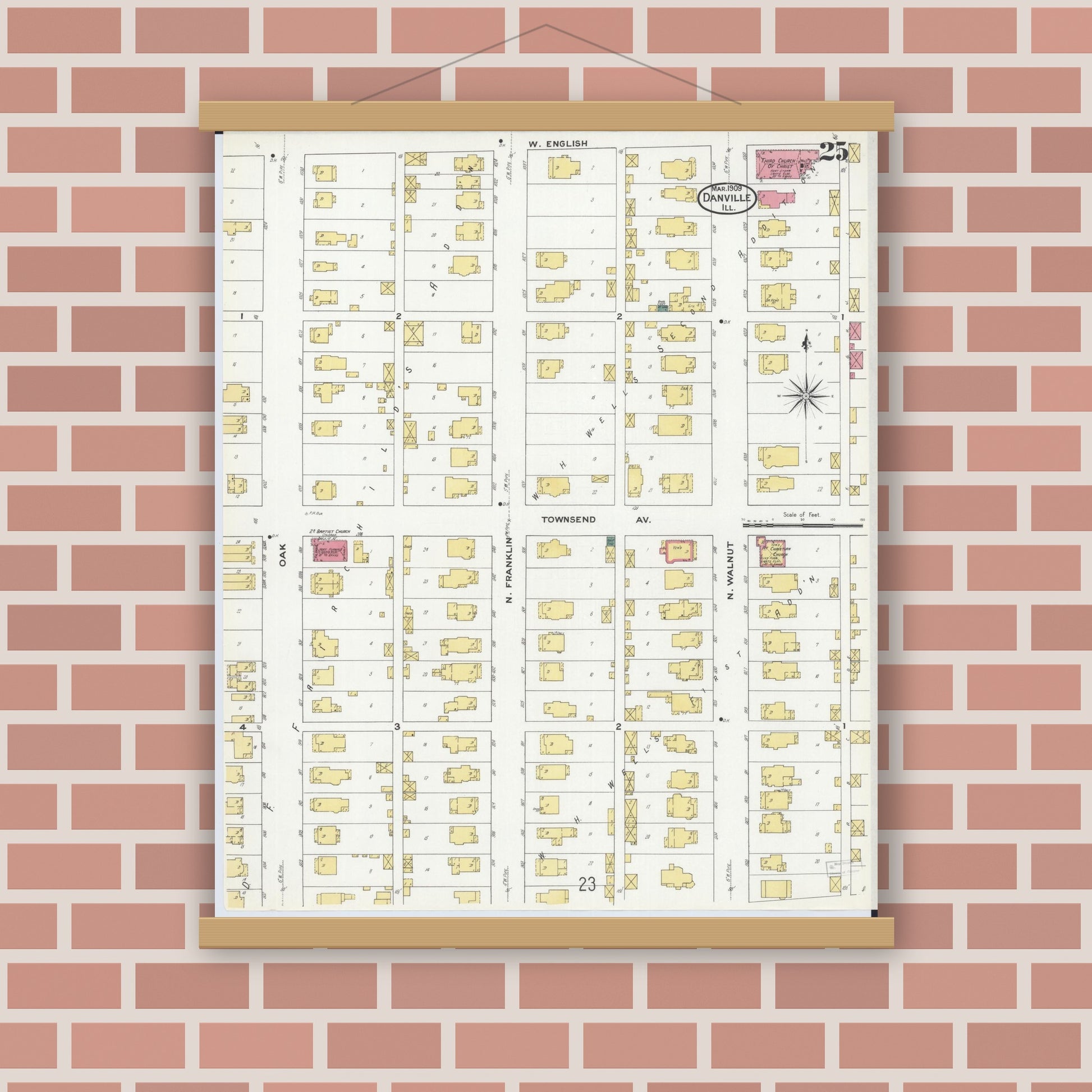 Old map wall art mockup — magnetic wood frame on brick wall — Sanborn Fire Insurance Map from Danville, Vermilion County, Illinois (1909), Sheet #0025