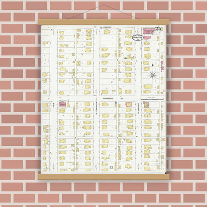 Old map wall art mockup — magnetic wood frame on brick wall — Sanborn Fire Insurance Map from Danville, Vermilion County, Illinois (1909), Sheet #0025