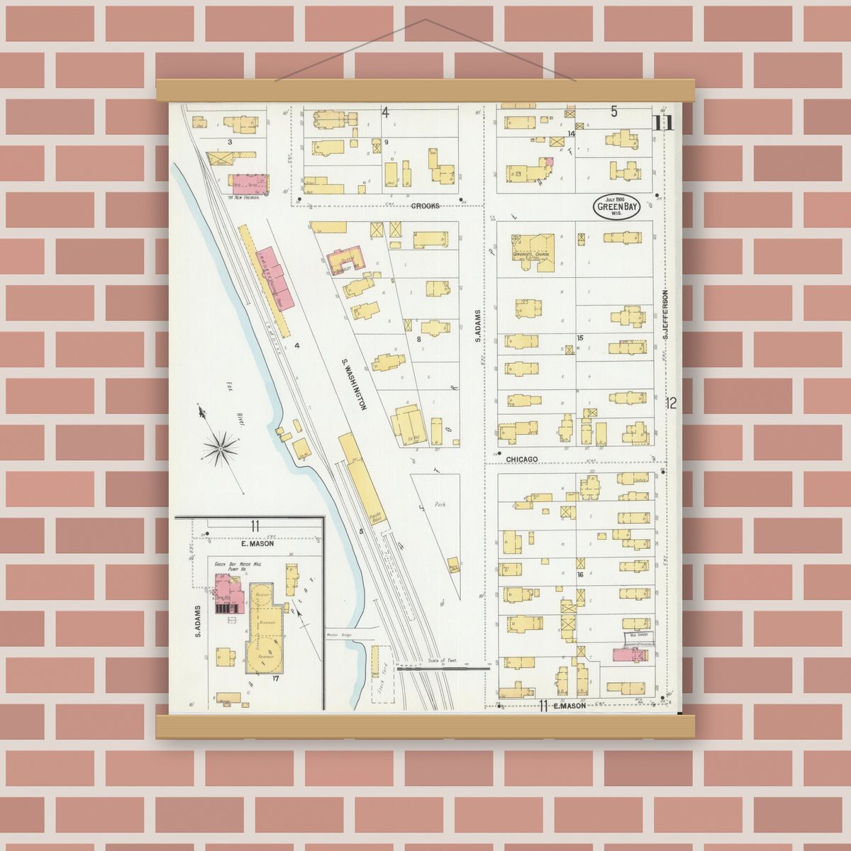 Old map wall art mockup — magnetic wood frame on brick wall — Sanborn Fire Insurance Map from Green Bay, Brown County, Wisconsin (1900), Sheet #0011