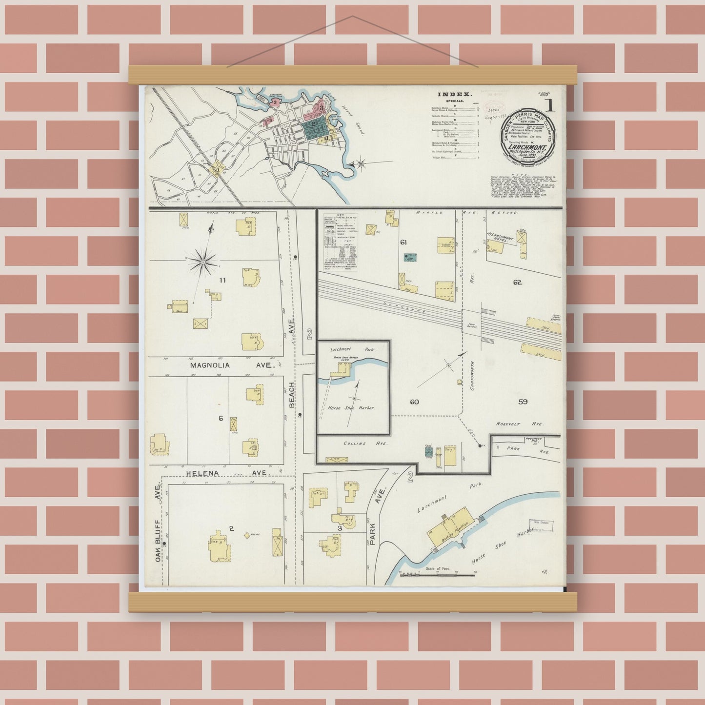 Old map wall art mockup — magnetic wood frame on brick wall — Sanborn Fire Insurance Map from Larchmont, Westchester County, New York (1893), Sheet #0001