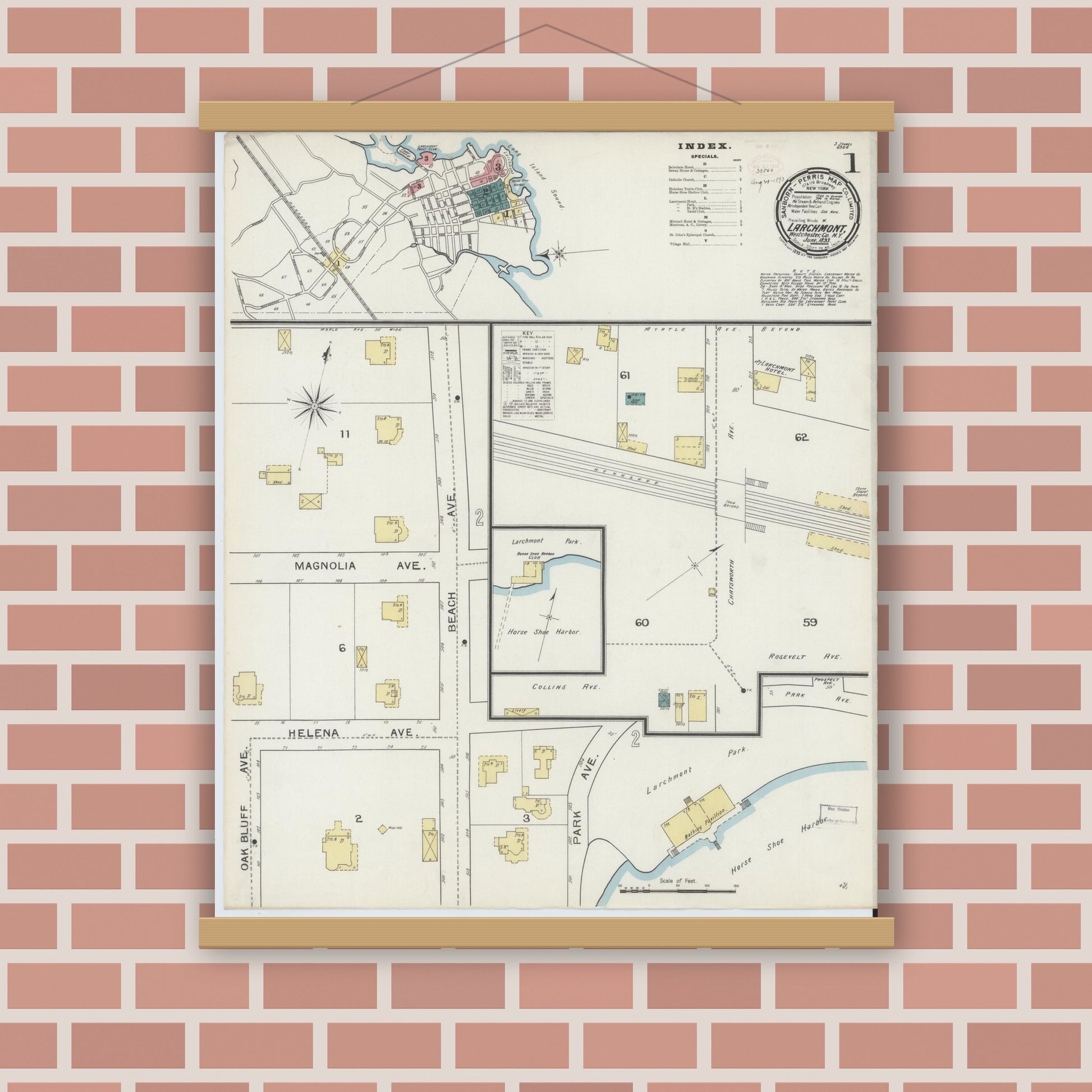 Old map wall art mockup — magnetic wood frame on brick wall — Sanborn Fire Insurance Map from Larchmont, Westchester County, New York (1893), Sheet #0001