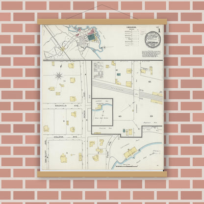 Old map wall art mockup — magnetic wood frame on brick wall — Sanborn Fire Insurance Map from Larchmont, Westchester County, New York (1893), Sheet #0001