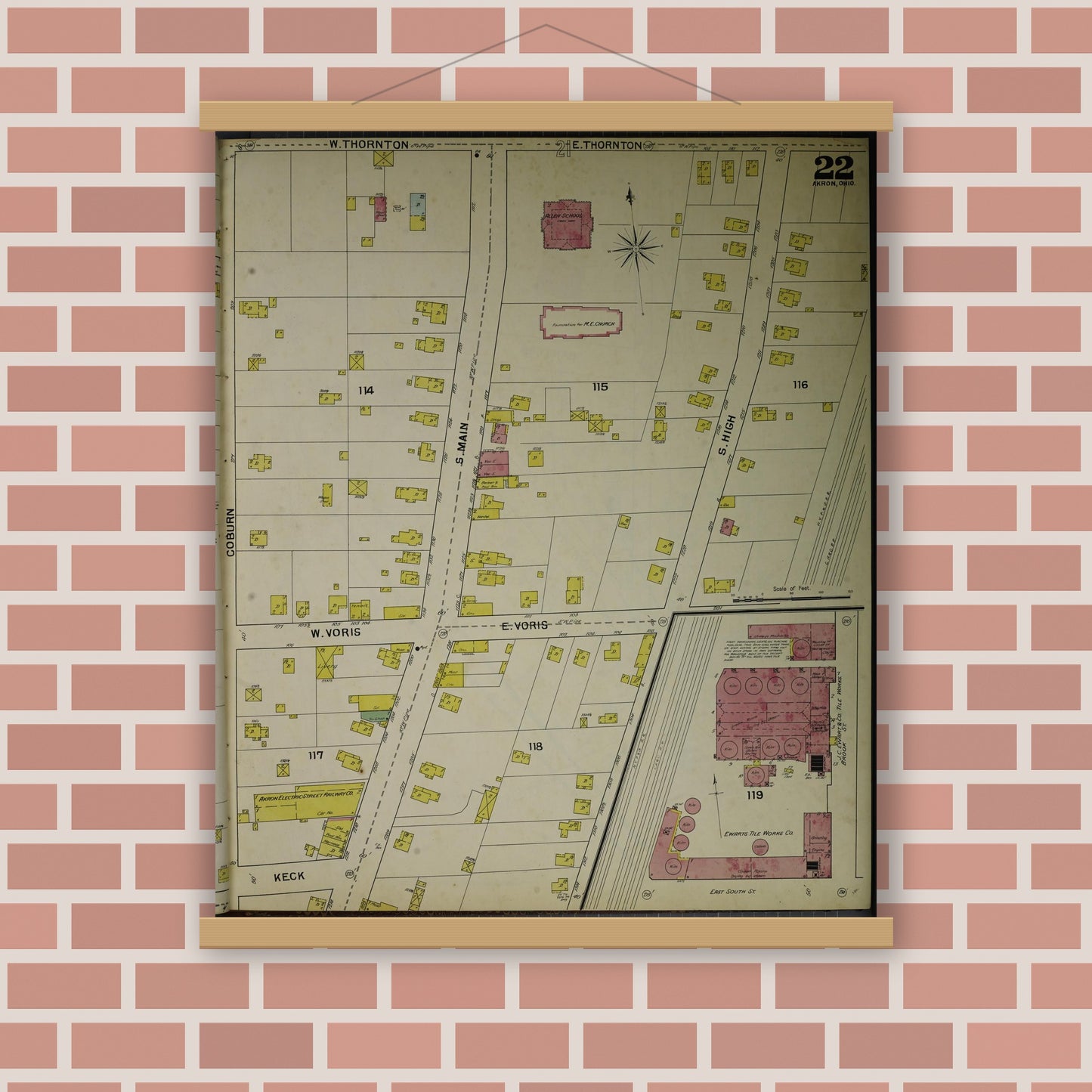 Old map wall art mockup — magnetic wood frame on brick wall — Sanborn Fire Insurance Map from Akron, Summit County, Ohio (1892), Sheet #0022