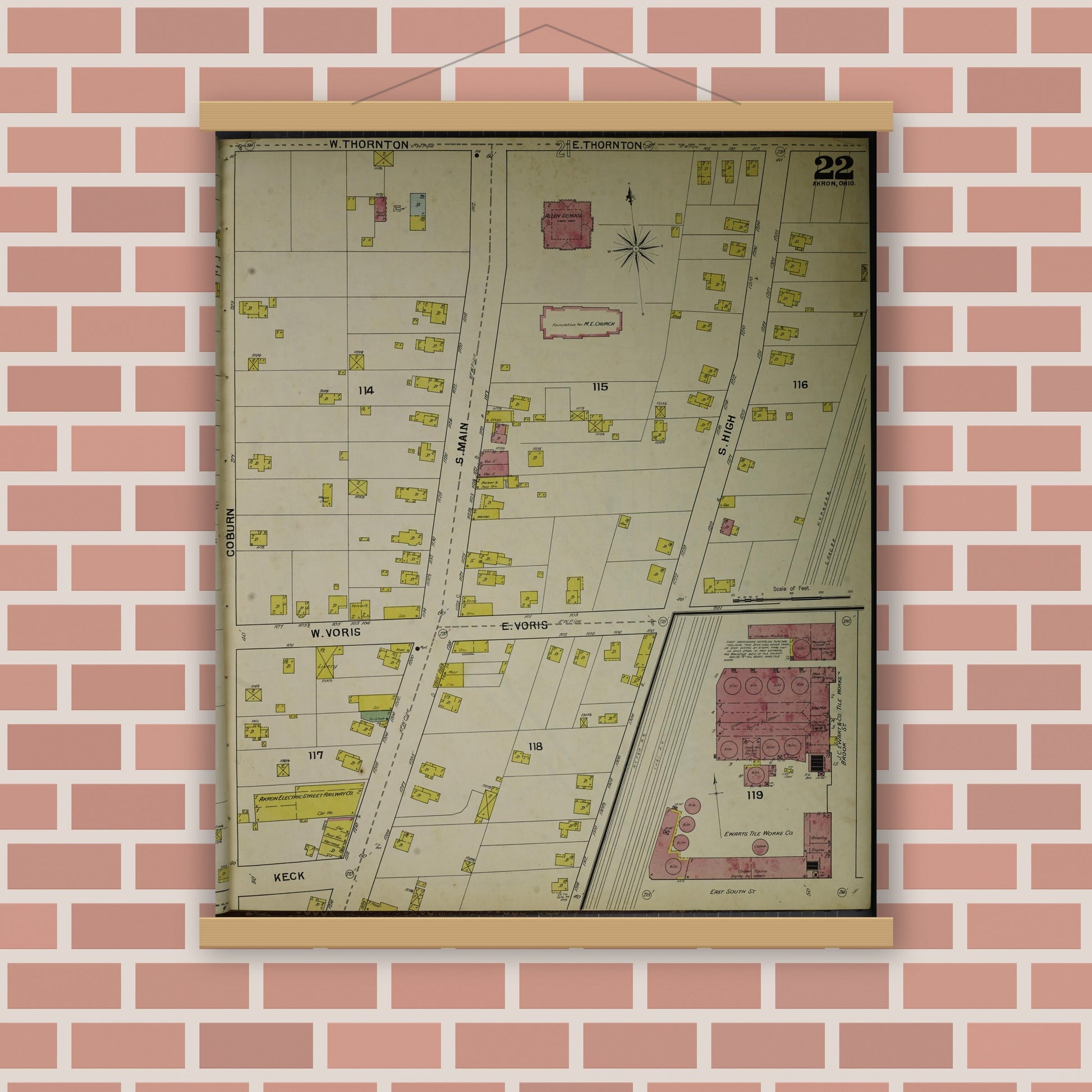 Old map wall art mockup — magnetic wood frame on brick wall — Sanborn Fire Insurance Map from Akron, Summit County, Ohio (1892), Sheet #0022