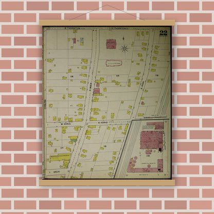 Old map wall art mockup — magnetic wood frame on brick wall — Sanborn Fire Insurance Map from Akron, Summit County, Ohio (1892), Sheet #0022