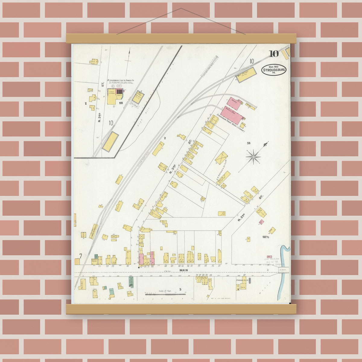 Old map wall art mockup — magnetic wood frame on brick wall — Sanborn Fire Insurance Map from Stroudsburg, Monroe County, Pennsylvania (1905), Sheet #0010