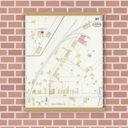 Old map wall art mockup — magnetic wood frame on brick wall — Sanborn Fire Insurance Map from Stroudsburg, Monroe County, Pennsylvania (1905), Sheet #0010