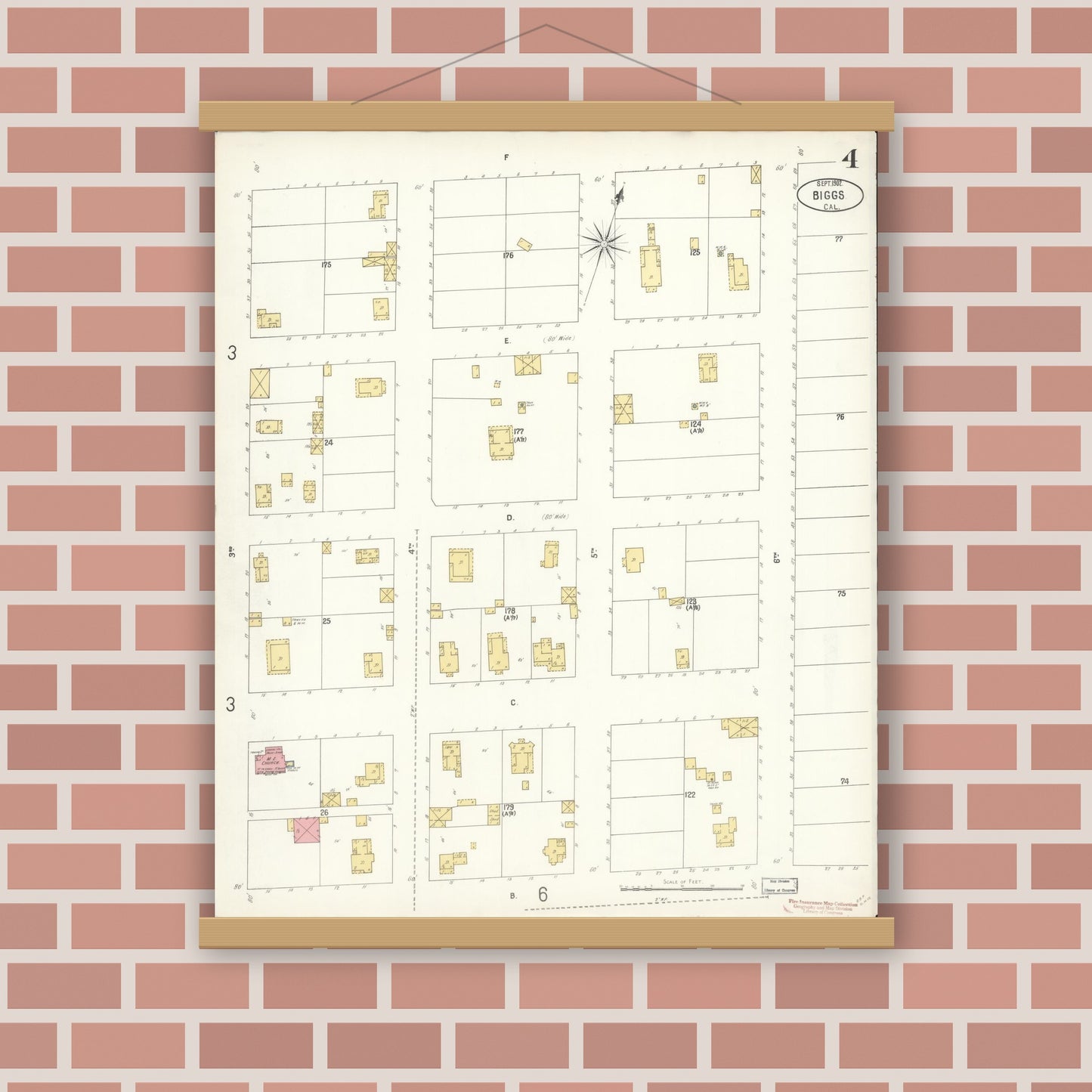 Old map wall art mockup — magnetic wood frame on brick wall — Sanborn Fire Insurance Map from Biggs, Butte County, California (1902), Sheet #0004