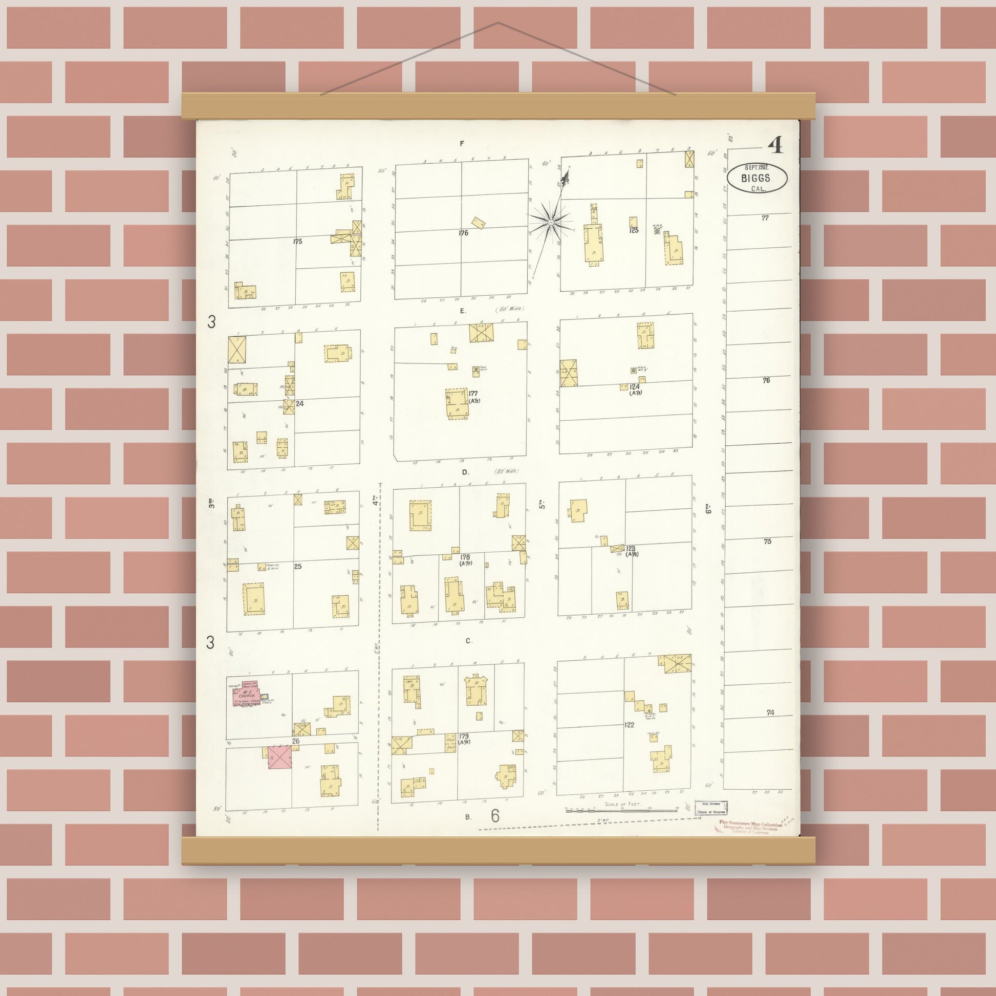 Old map wall art mockup — magnetic wood frame on brick wall — Sanborn Fire Insurance Map from Biggs, Butte County, California (1902), Sheet #0004