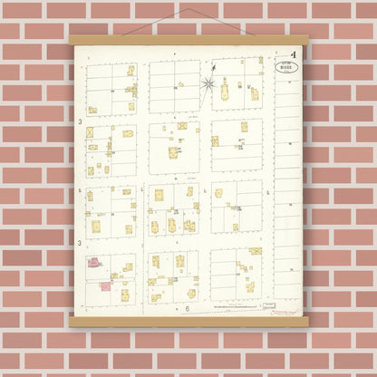 Old map wall art mockup — magnetic wood frame on brick wall — Sanborn Fire Insurance Map from Biggs, Butte County, California (1902), Sheet #0004