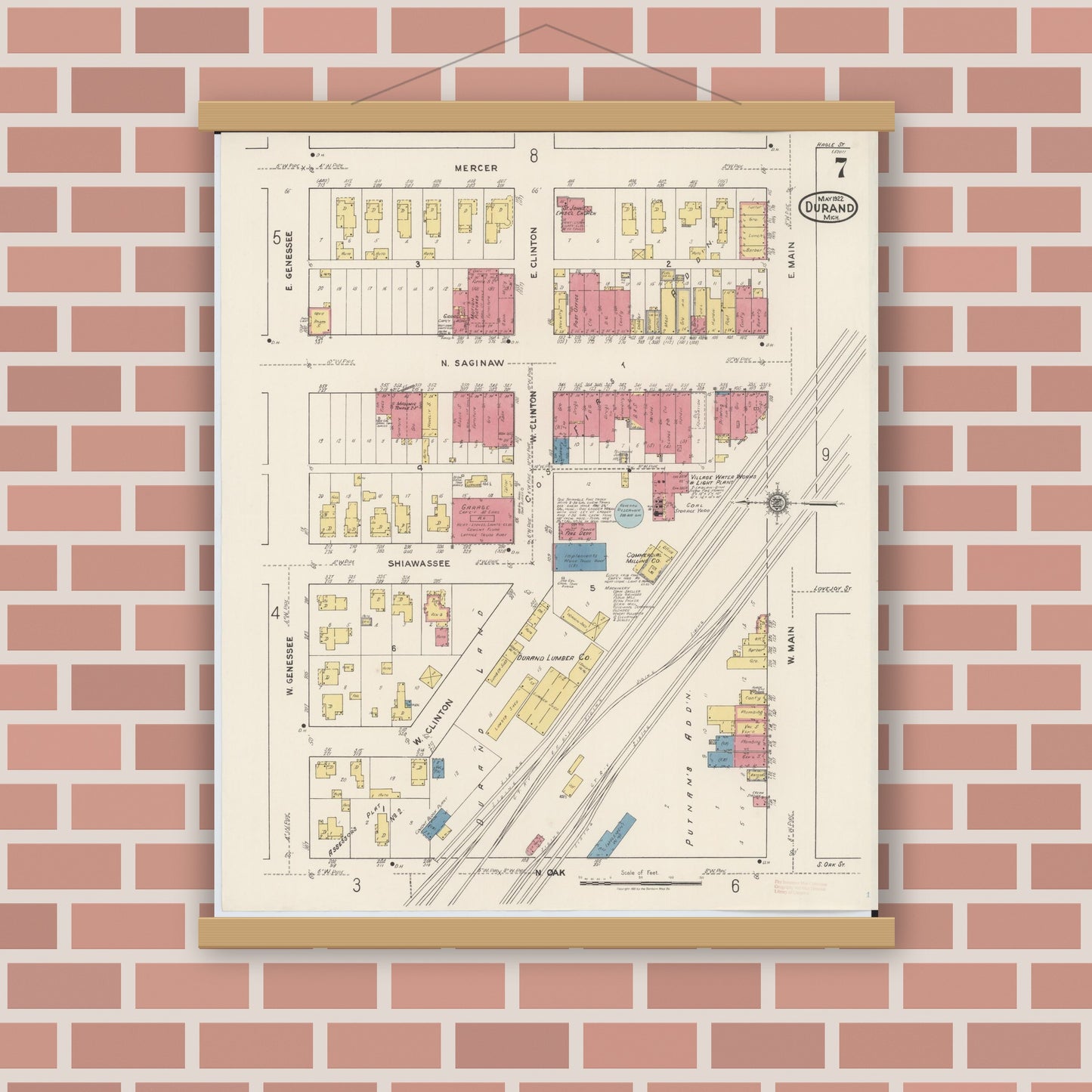 Old map wall art mockup — magnetic wood frame on brick wall — Sanborn Fire Insurance Map from Durand, Shiawassee County, Michigan (1922), Sheet #0007