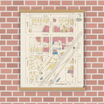 Old map wall art mockup — magnetic wood frame on brick wall — Sanborn Fire Insurance Map from Durand, Shiawassee County, Michigan (1922), Sheet #0007