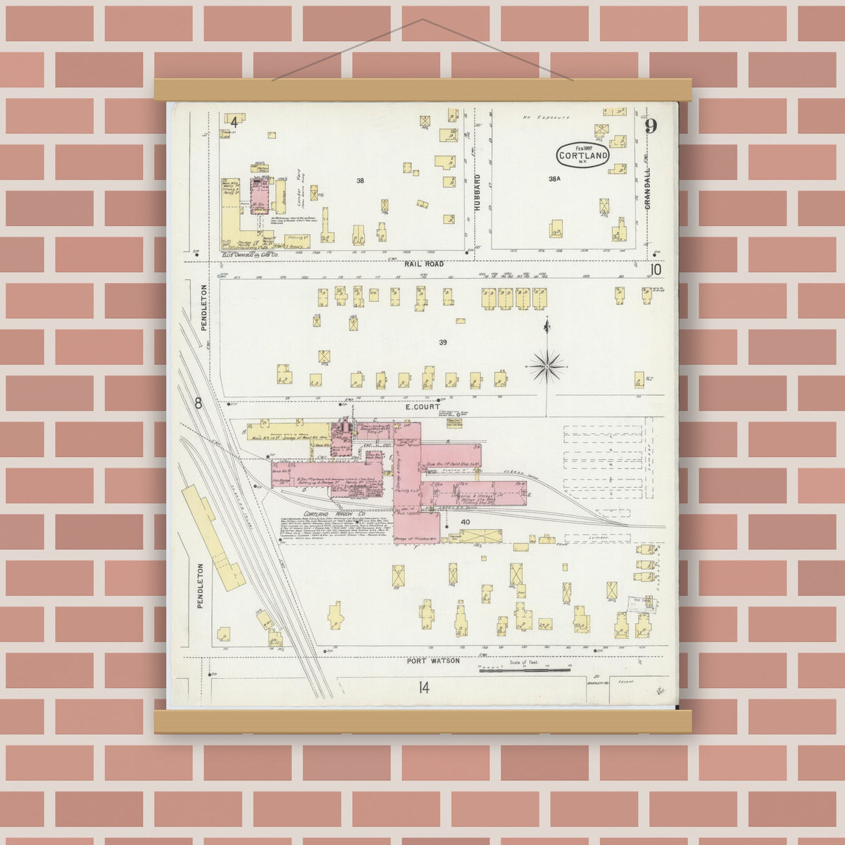Old map wall art mockup — magnetic wood frame on brick wall — Sanborn Fire Insurance Map from Cortland, Cortland County, New York (1897), Sheet #0009