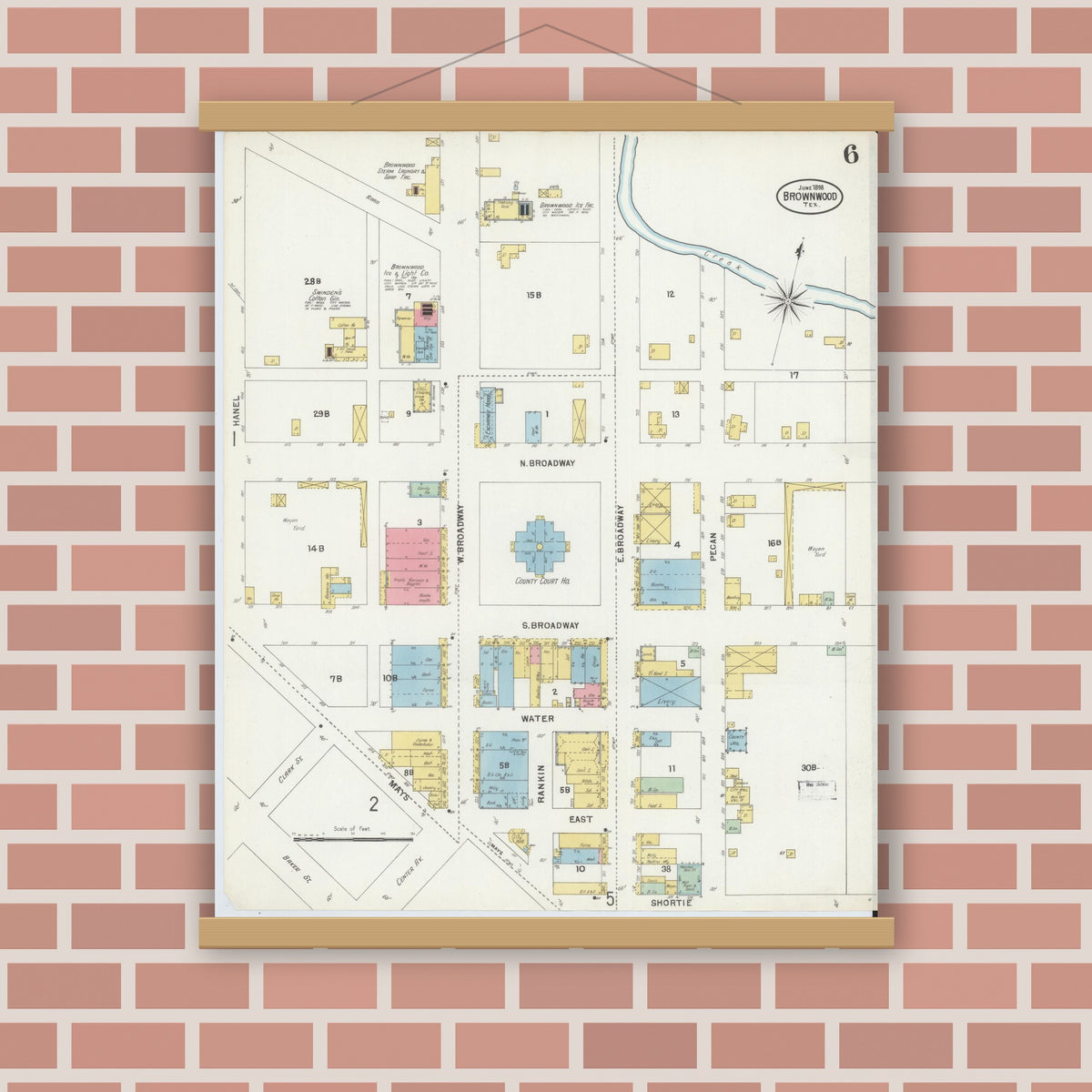 Old map wall art mockup — magnetic wood frame on brick wall — Sanborn Fire Insurance Map from Brownwood, Brown County, Texas (1898), Sheet #0006