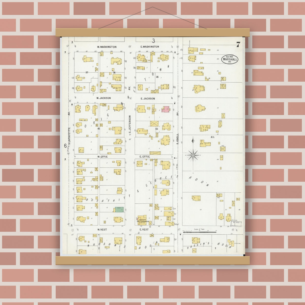 Old map wall art mockup — magnetic wood frame on brick wall — Sanborn Fire Insurance Map from Marshall, Saline County, Missouri (1900), Sheet #0007