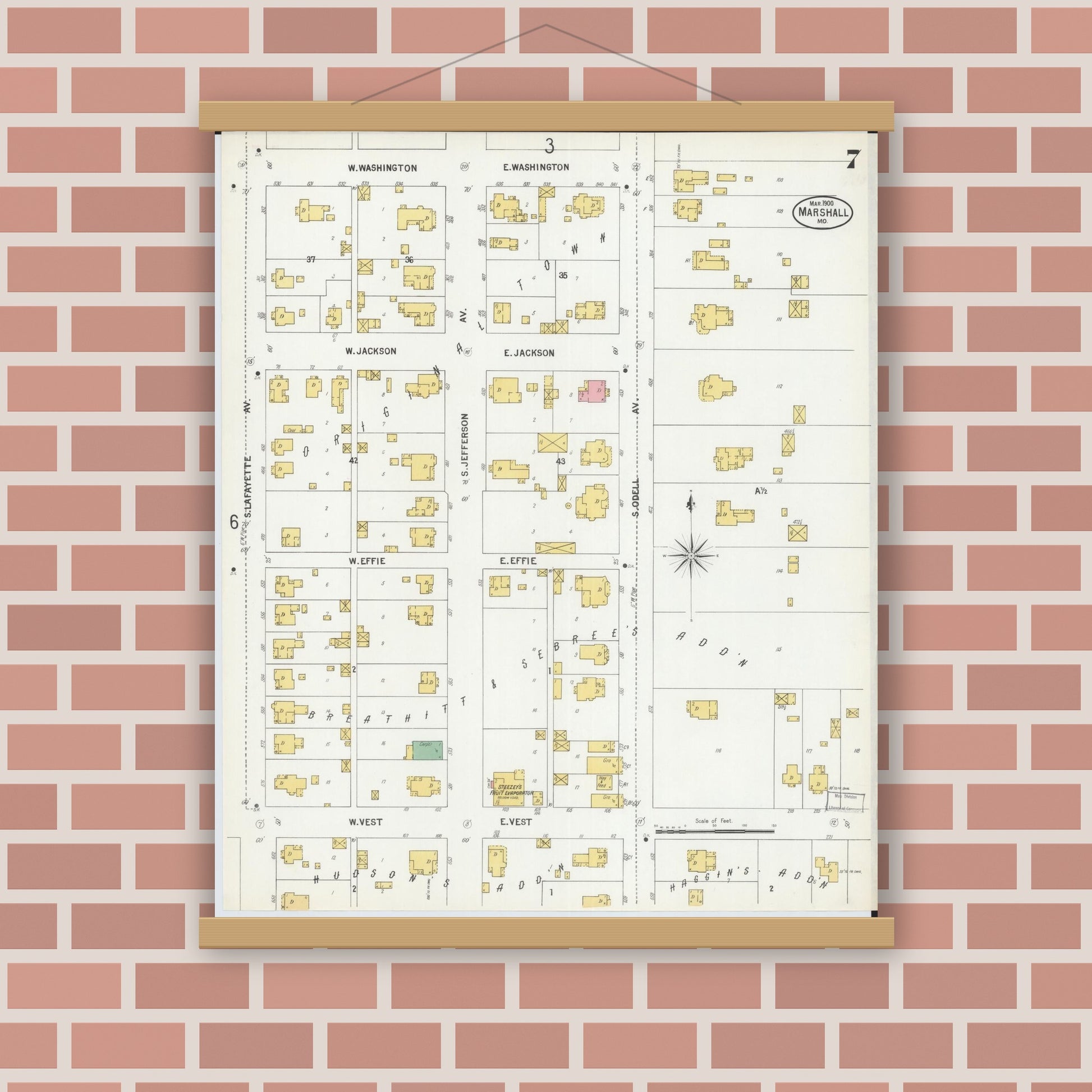 Old map wall art mockup — magnetic wood frame on brick wall — Sanborn Fire Insurance Map from Marshall, Saline County, Missouri (1900), Sheet #0007