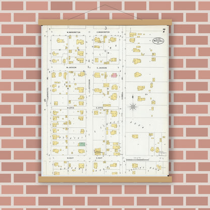 Old map wall art mockup — magnetic wood frame on brick wall — Sanborn Fire Insurance Map from Marshall, Saline County, Missouri (1900), Sheet #0007